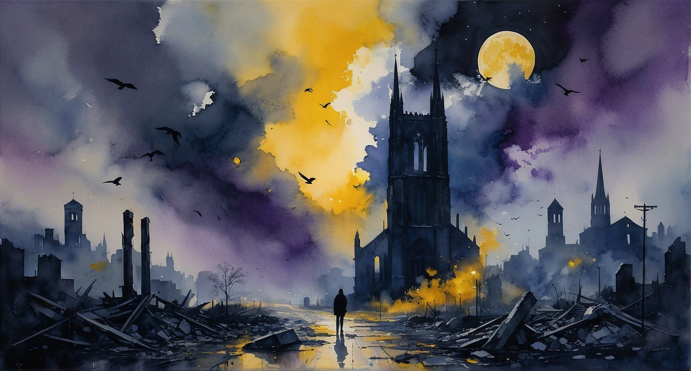 Lone Figure in a Haunting Watercolor Landscape