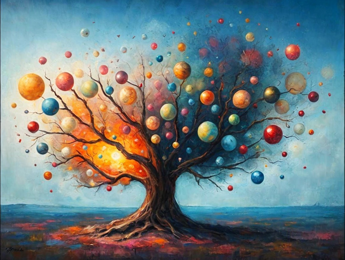 Vibrant tree with colorful orbs against dreamy sky