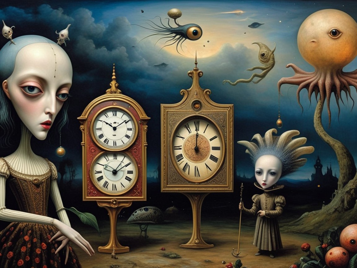 Surreal landscape with whimsical clocks and figures