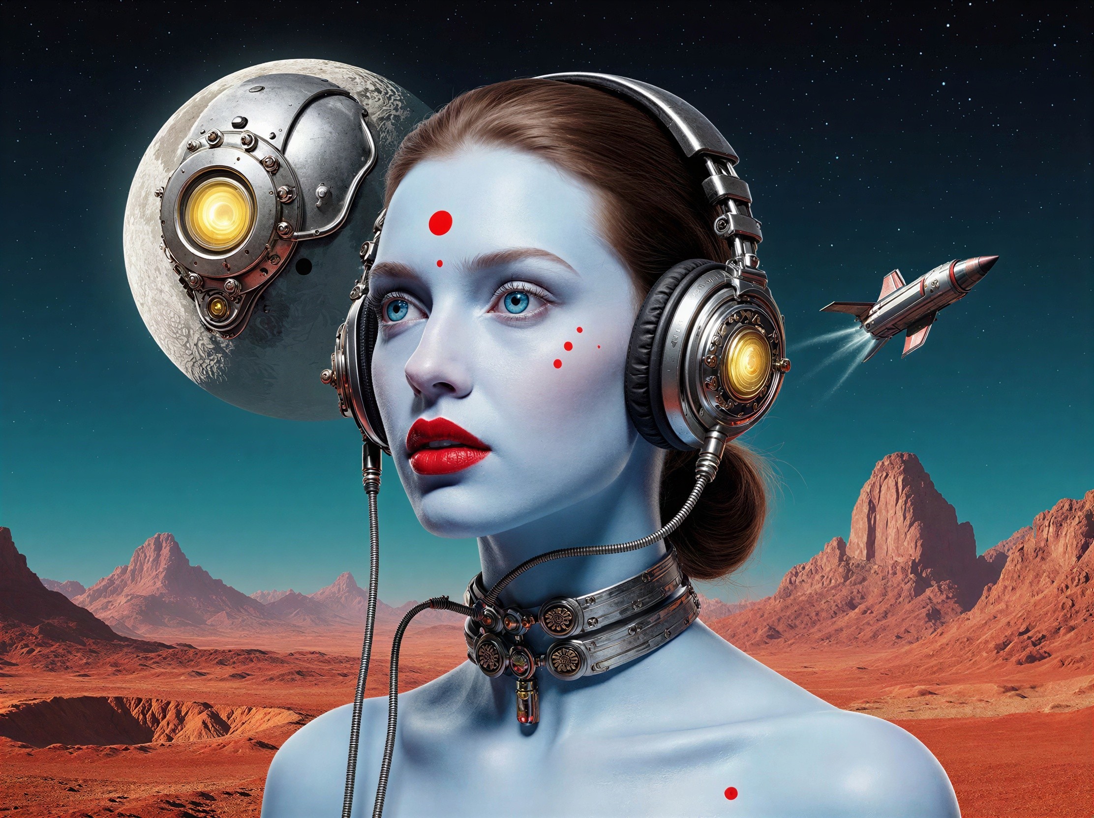 Digital painting of a blue-skinned woman in a red landscape