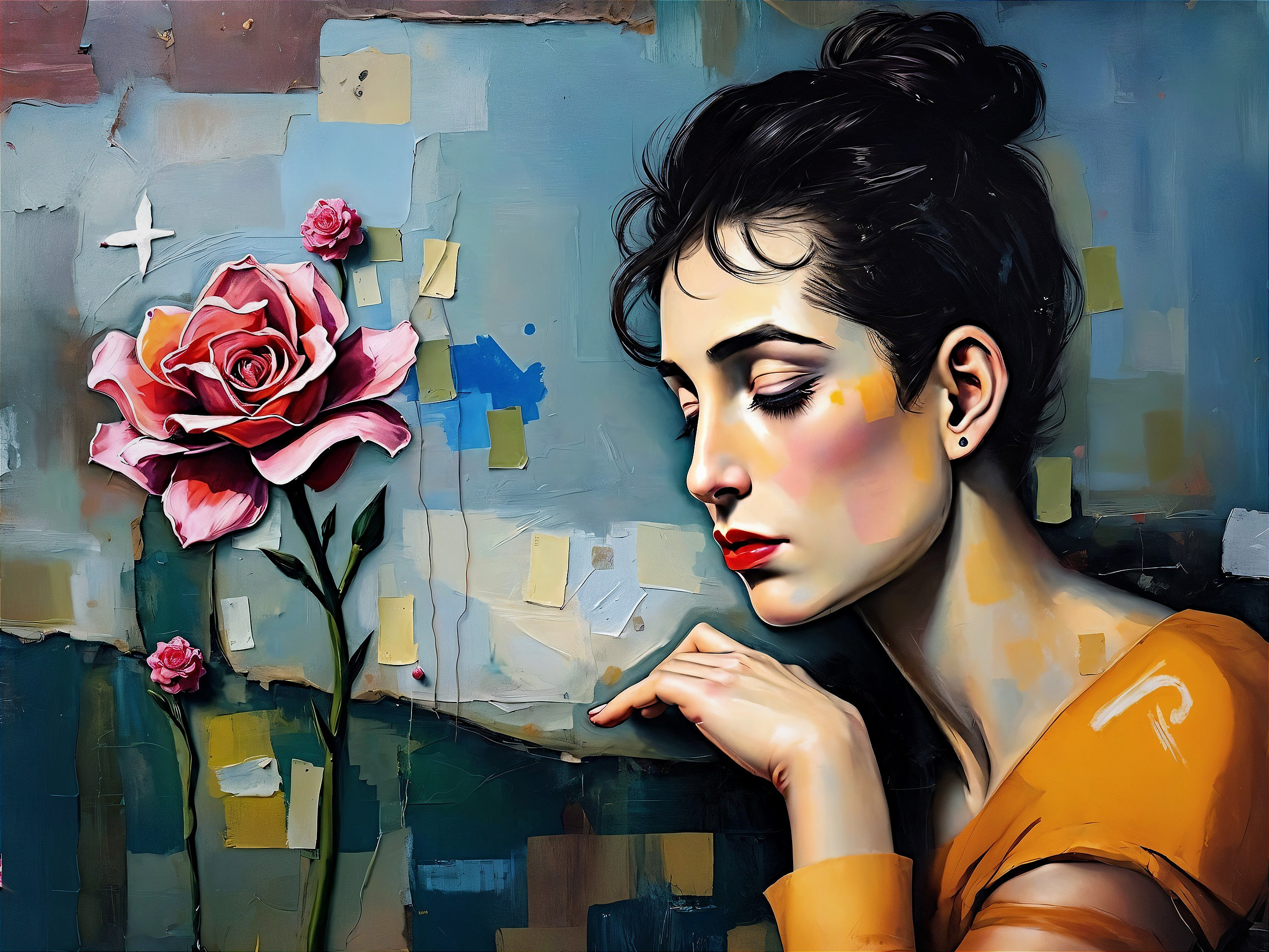 Colorful Impressionist Portrait of a Woman with Roses