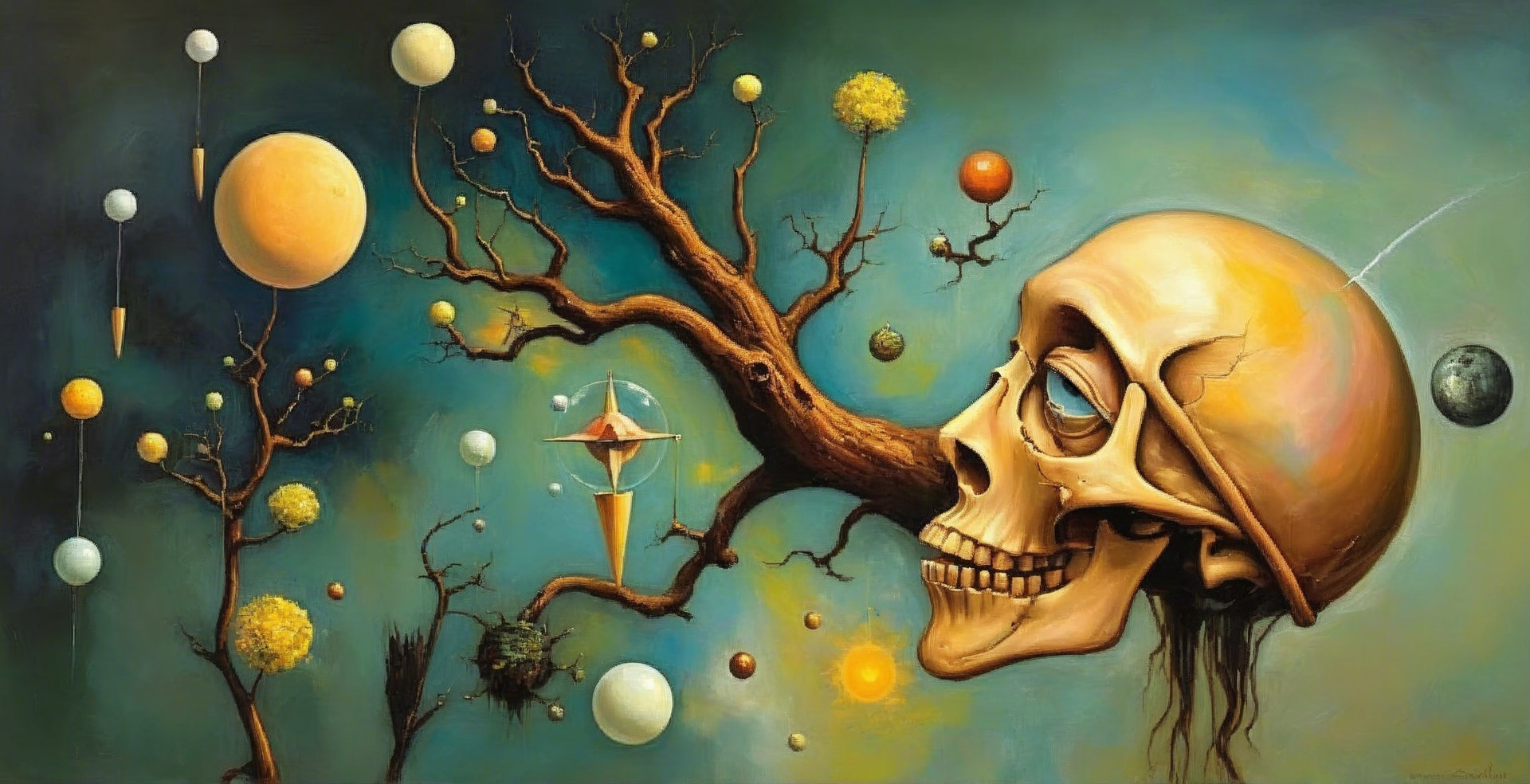 Surreal Artwork of Golden Skull and Celestial Scene