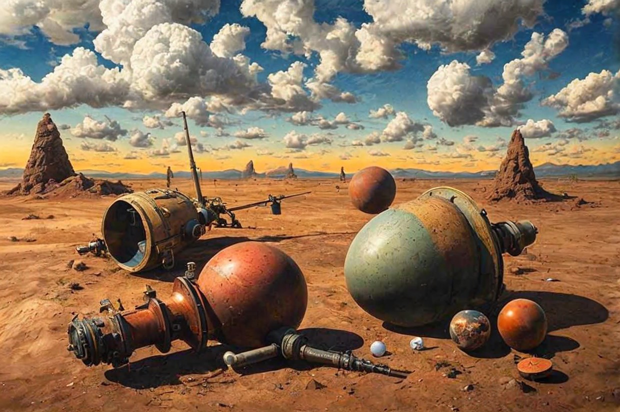 Surreal Landscape with Colorful Spheres and Rock Formations