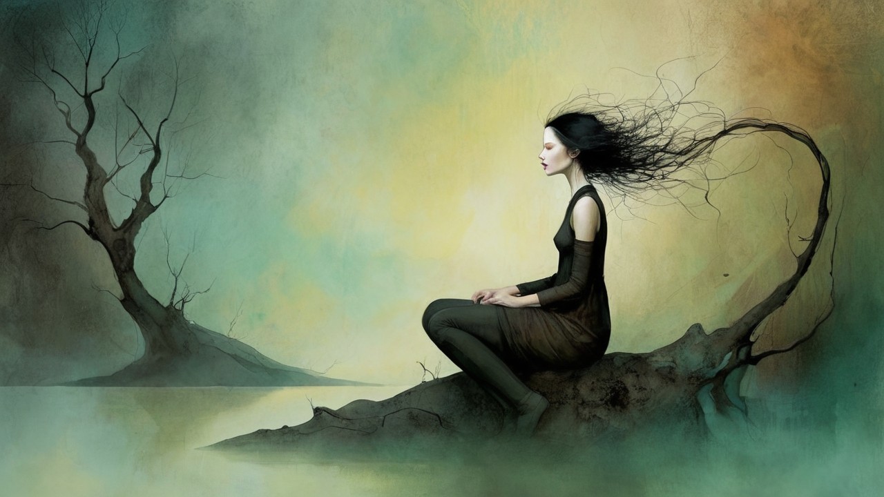 Solitary Woman by Tranquil Water in Dreamlike Landscape