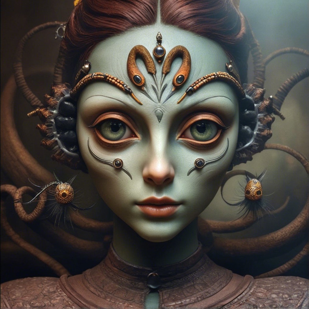Surreal Alien Figure with Ornate Features and Tendrils