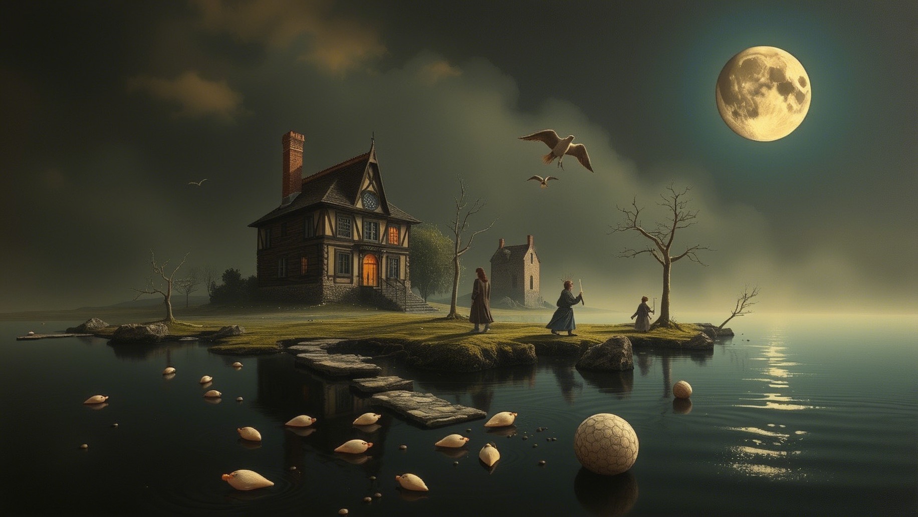Twilight Scene of Rustic House by Still Lake