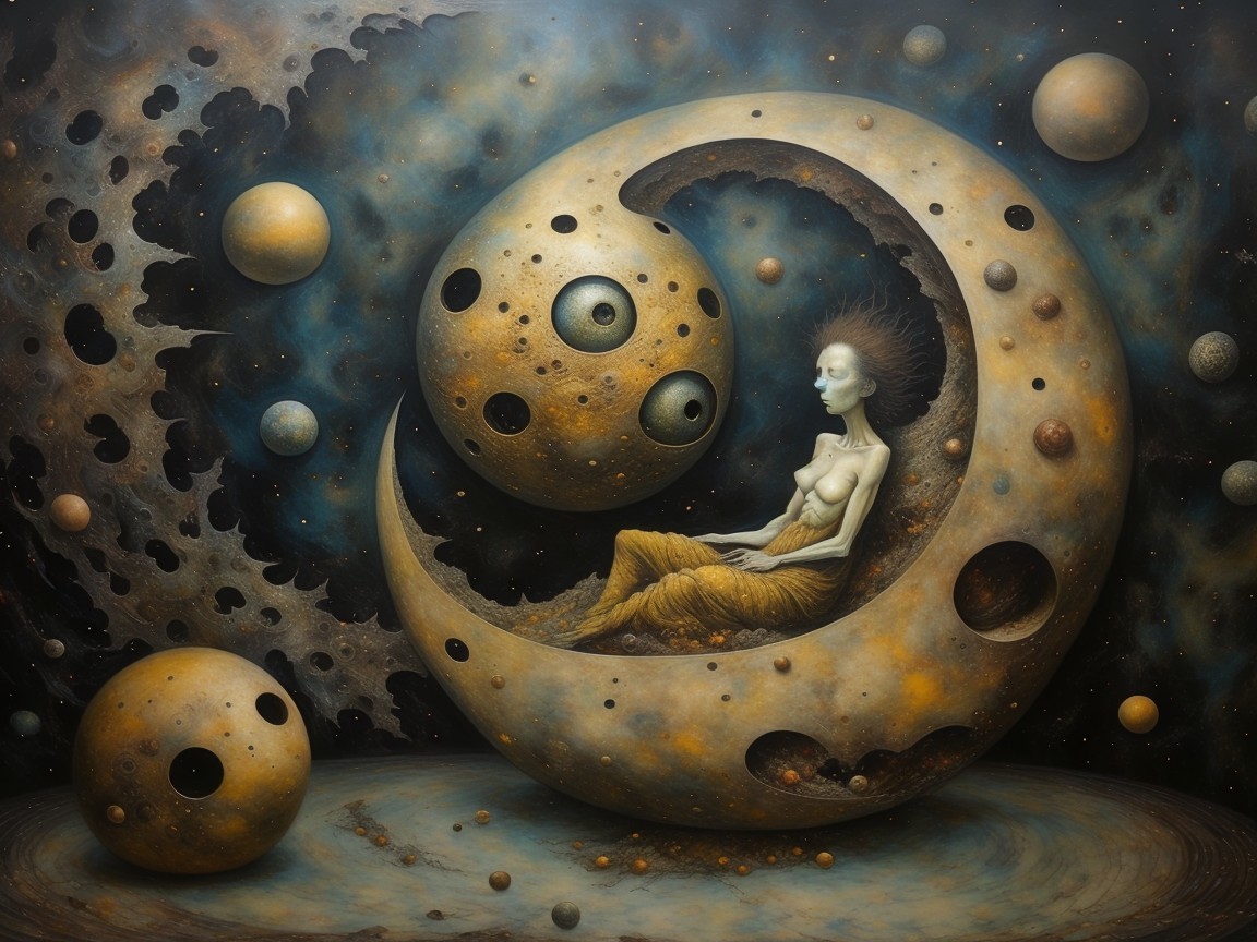 Surreal Cosmic Scene with Figure in Crescent Moon