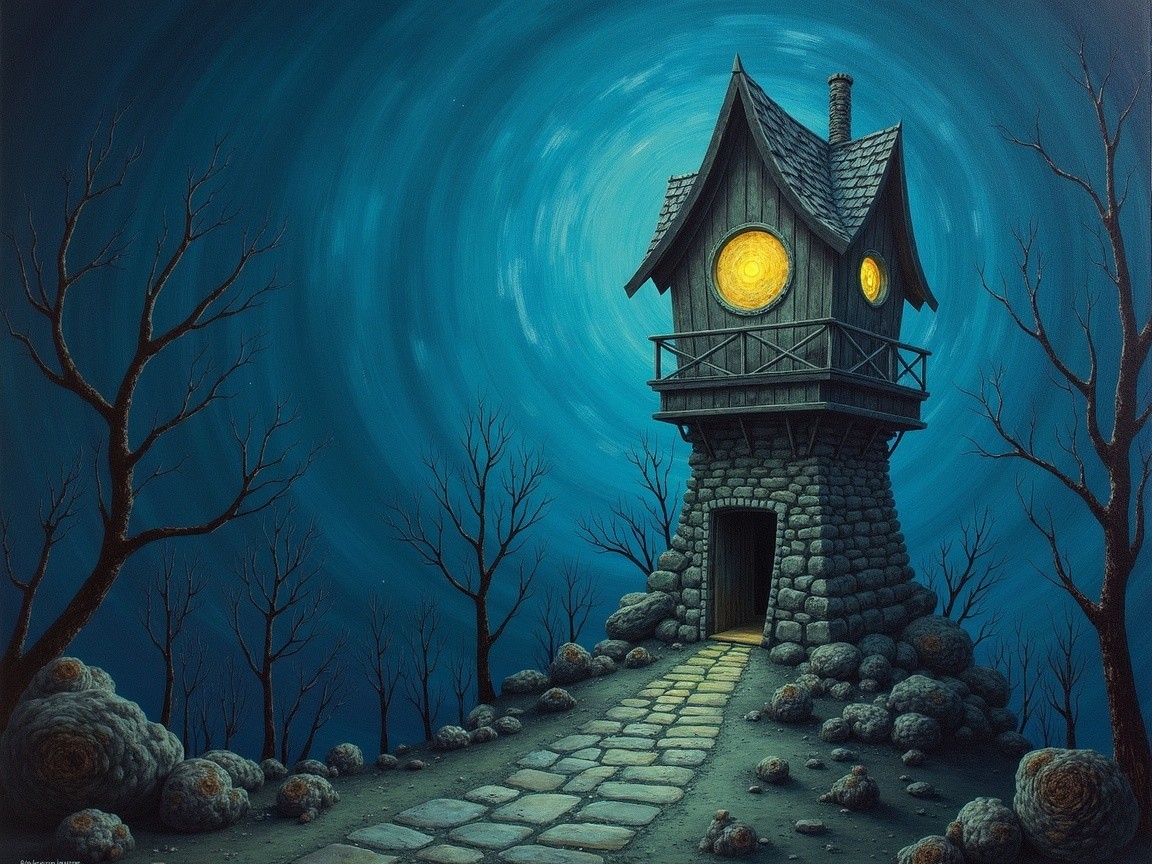 Whimsical Tower Under Night Sky with Glowing Window