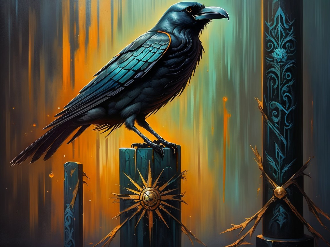 Raven on Weathered Post with Ethereal Background