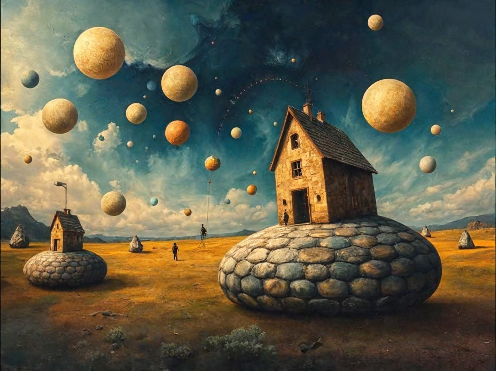 Surreal Landscape with Whimsical Stone House and Planets