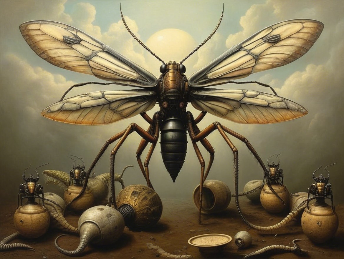 Surreal Oversized Insect with Intricate Wings and Sun