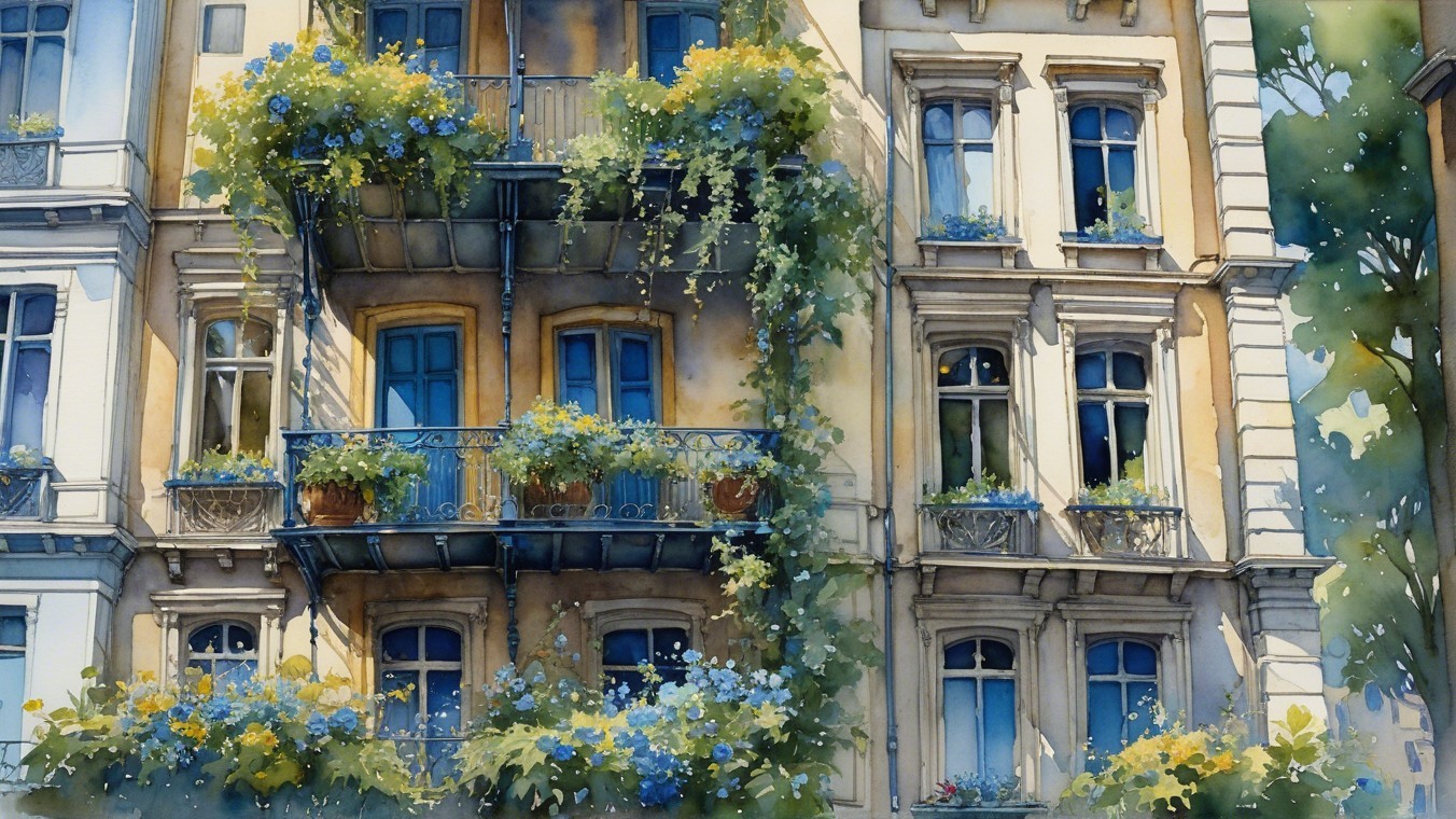 Charming Apartment Facade with Vibrant Blue Flowers