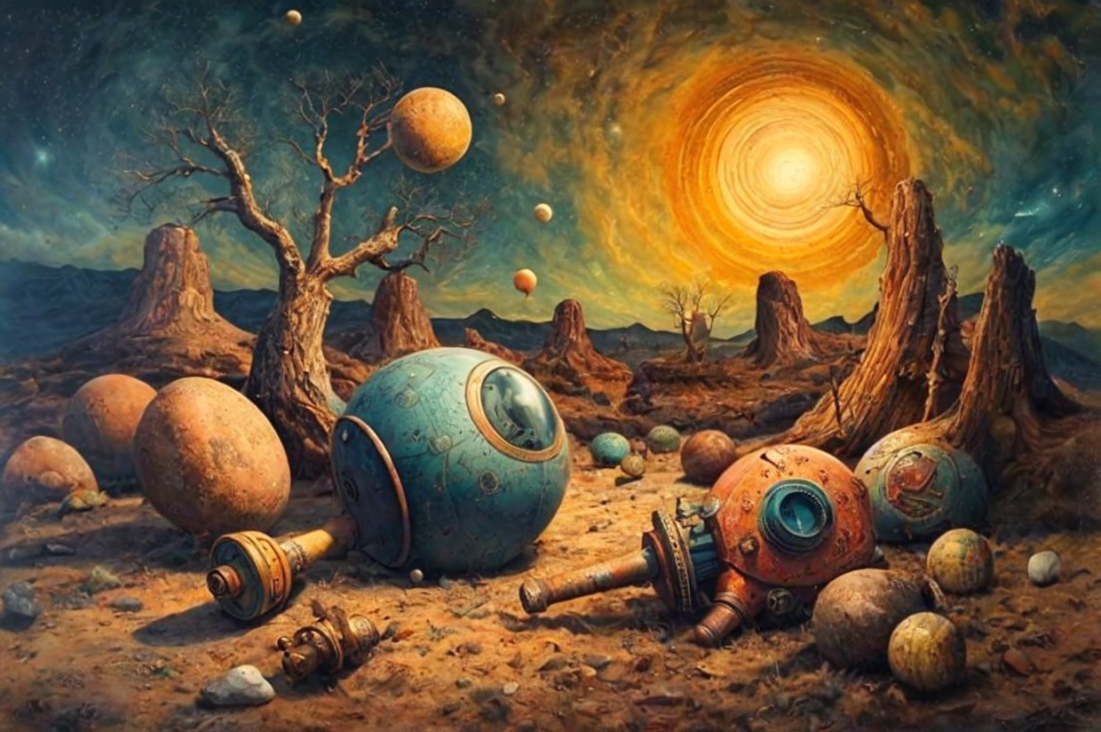 Surreal Landscape with Oversized Spheres and Sunlight