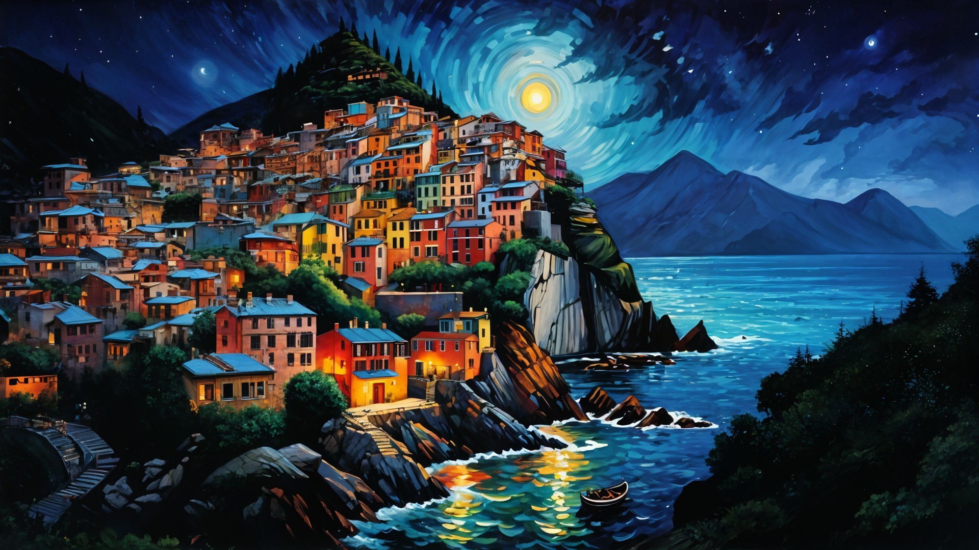Coastal Village at Night with Colorful Buildings and Moon