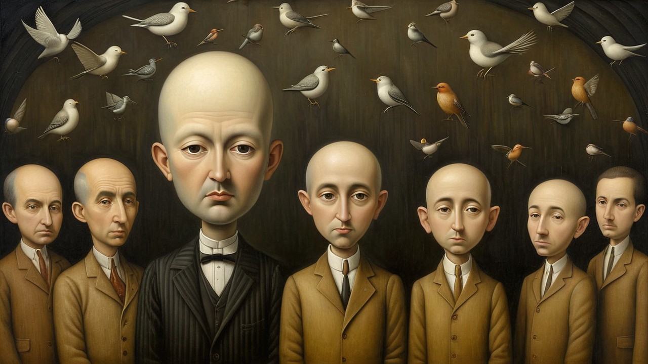 Bald Men in Formal Attire with Birds in Flight