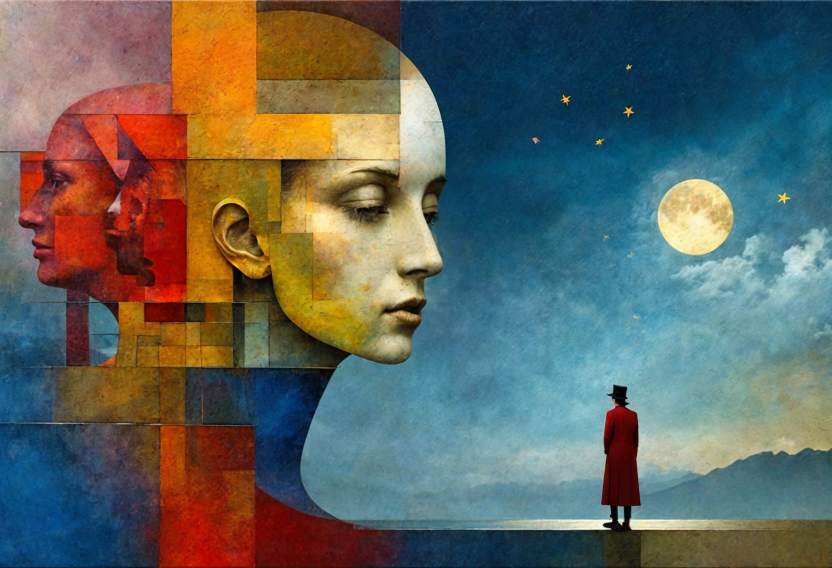 Surreal Artwork with Stylized Faces and Geometric Shapes