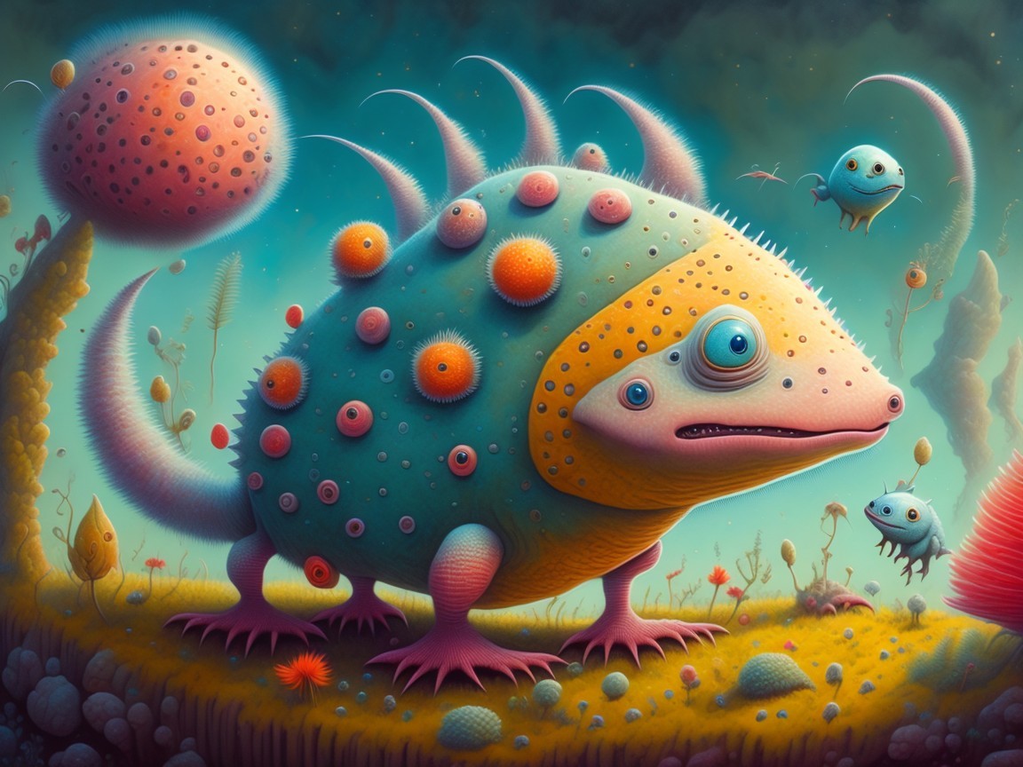Colorful Whimsical Creature in Surreal Landscape