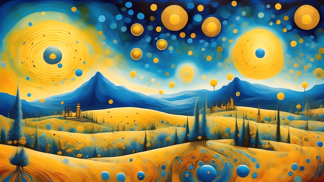 Surreal Landscape with Golden Hills and Swirling Sky