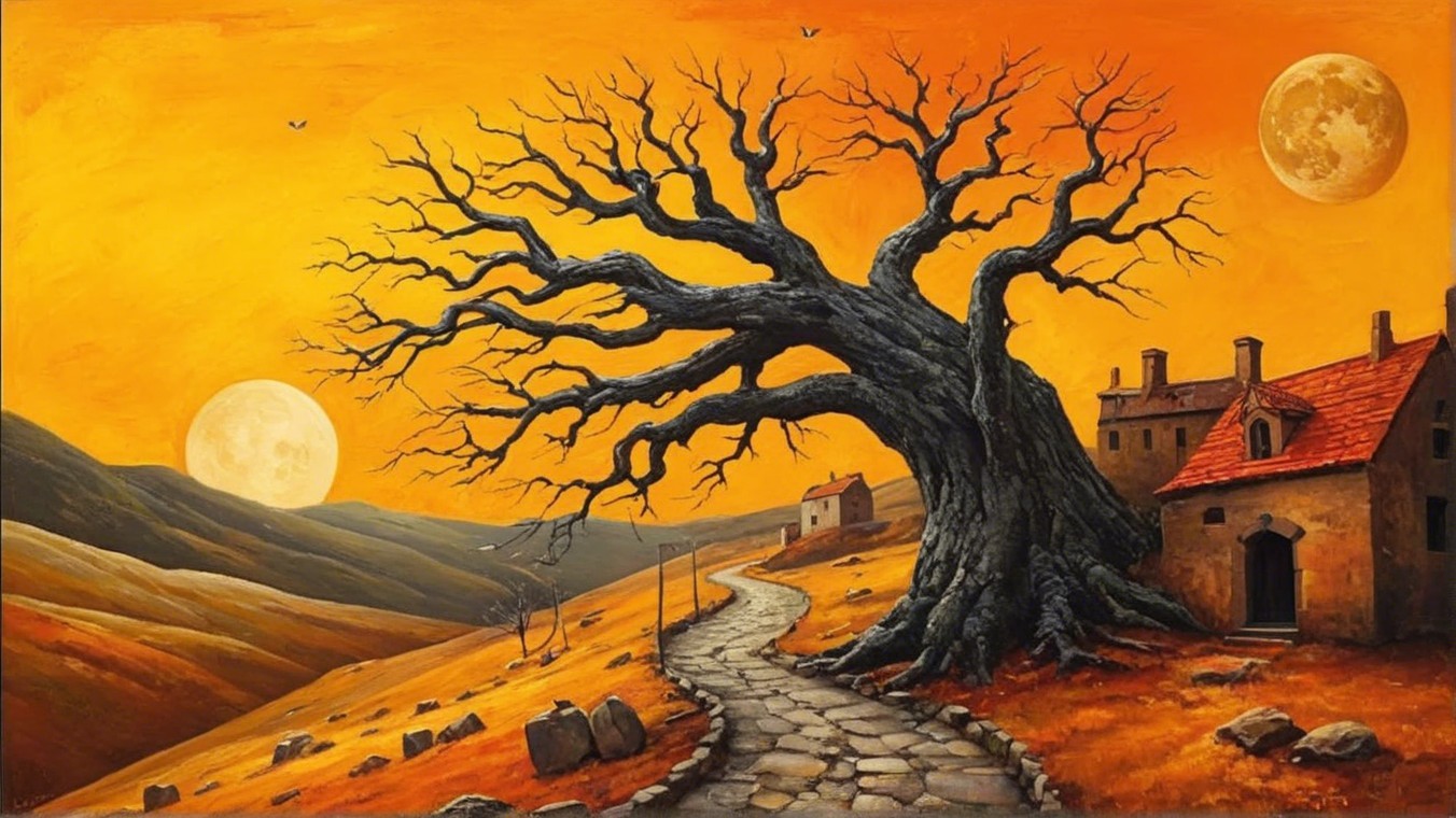 Surreal Landscape with Sunset and Two Moons