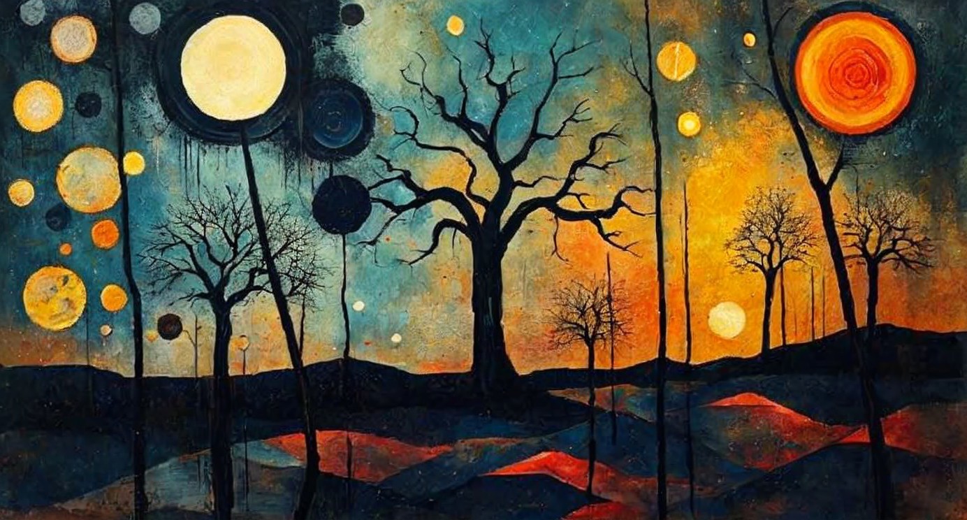 Surreal Landscape with Barren Tree and Vibrant Sky