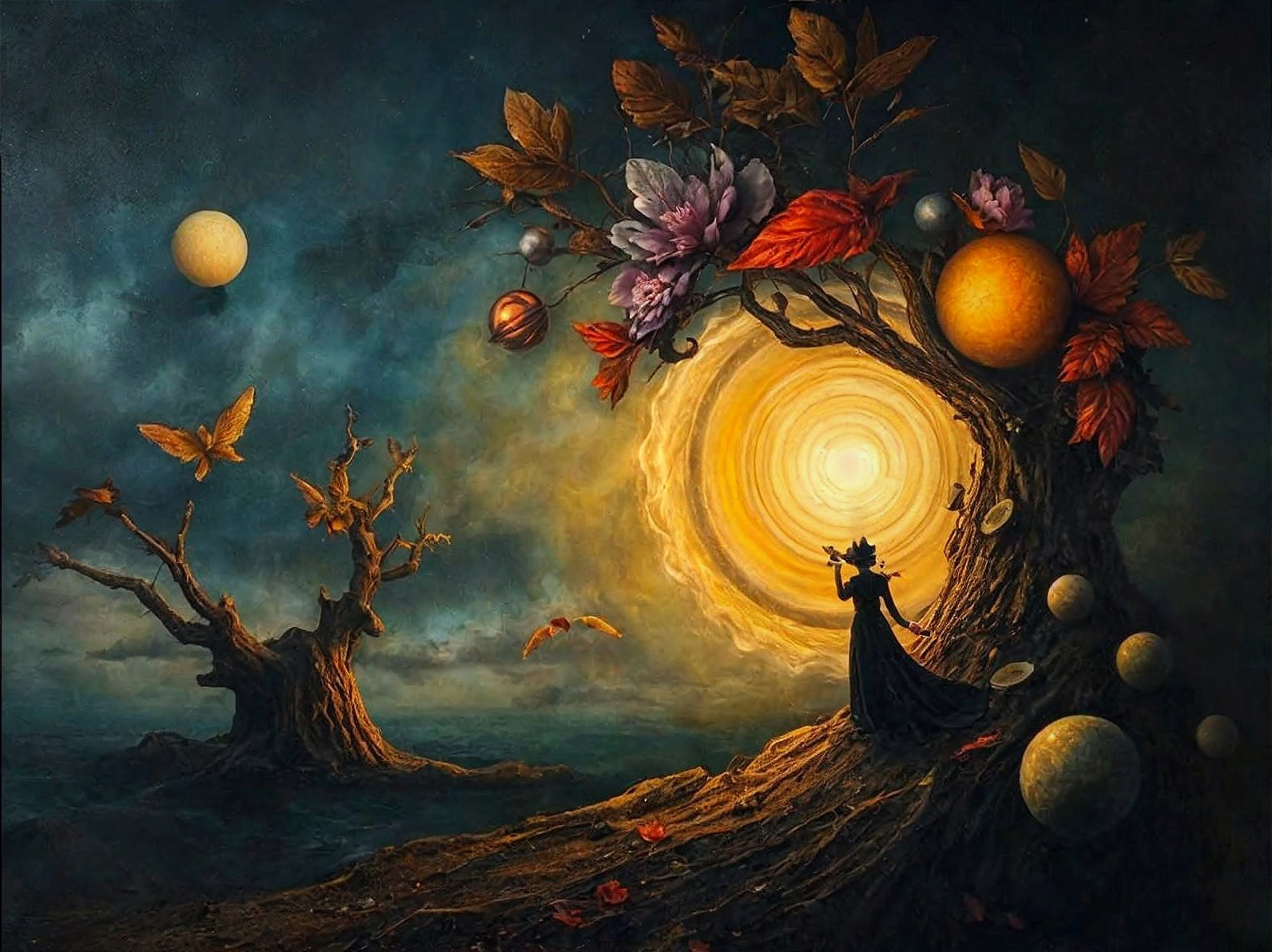 Surreal Landscape with Figure, Sun, and Enchanted Tree