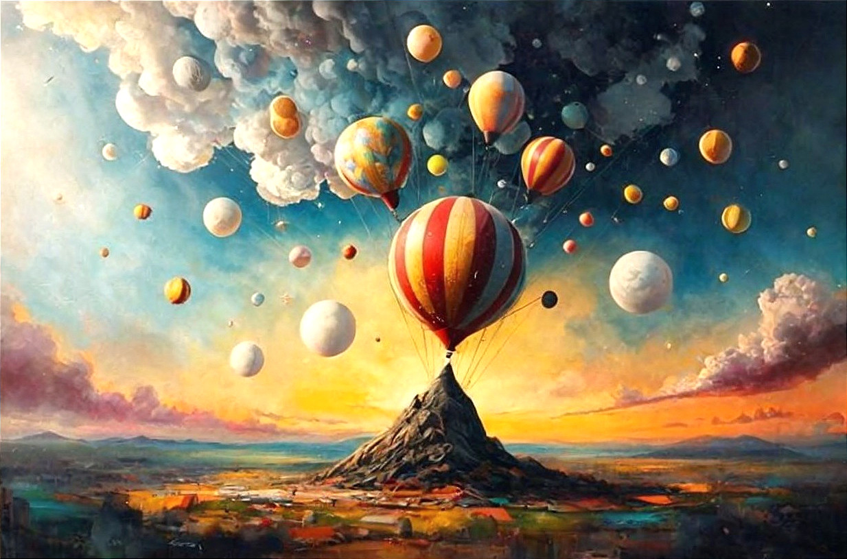 Vibrant Landscape with Sunset and Hot Air Balloons