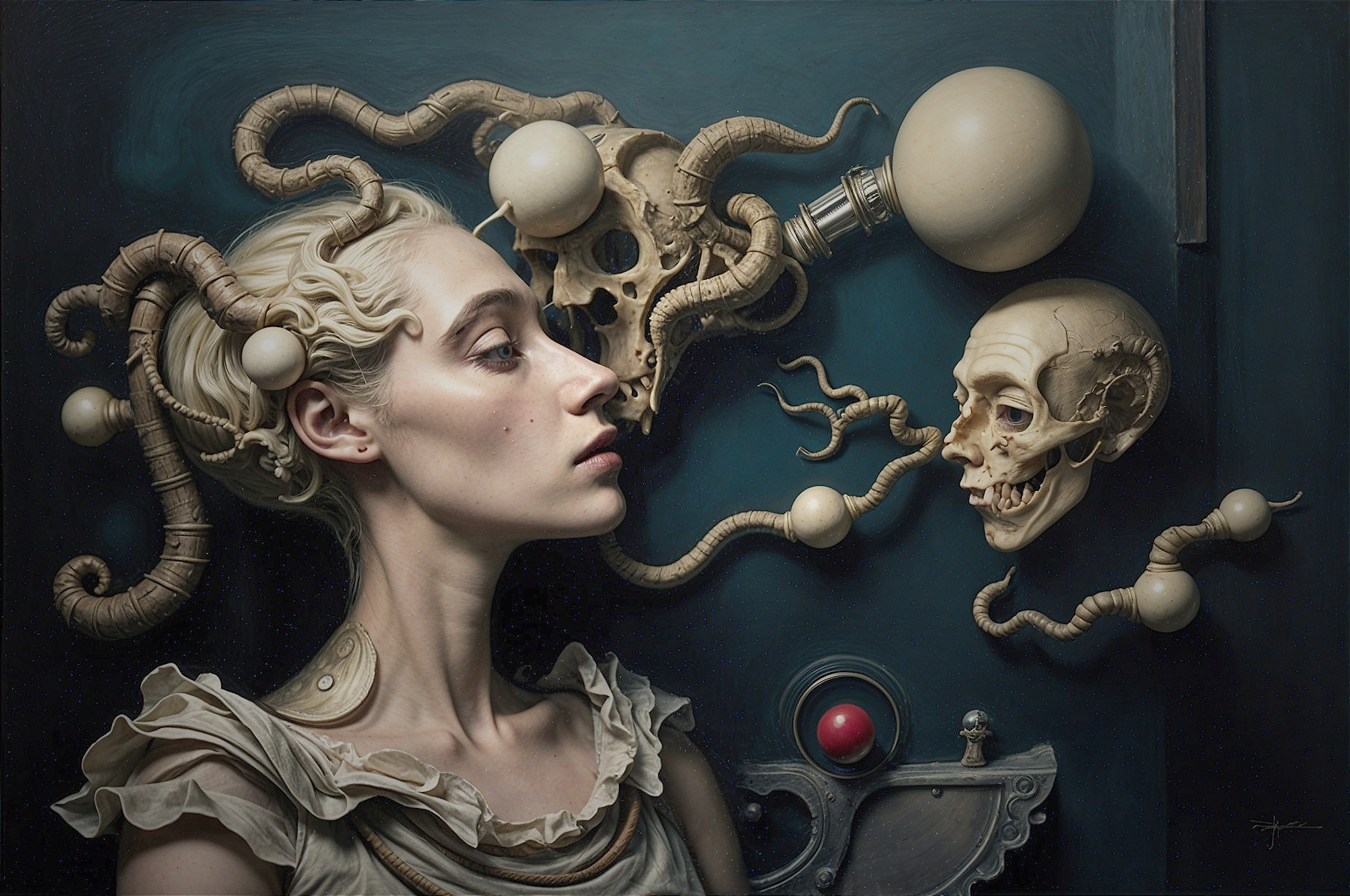 Serene Figure with Surreal Skulls and Tentacle Forms