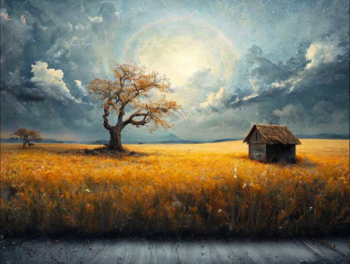 Weathered Wooden House in Golden Field Landscape