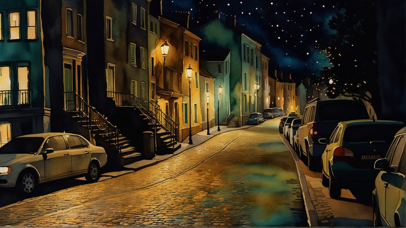 Moonlit Street with Quaint Houses and Vintage Lamps