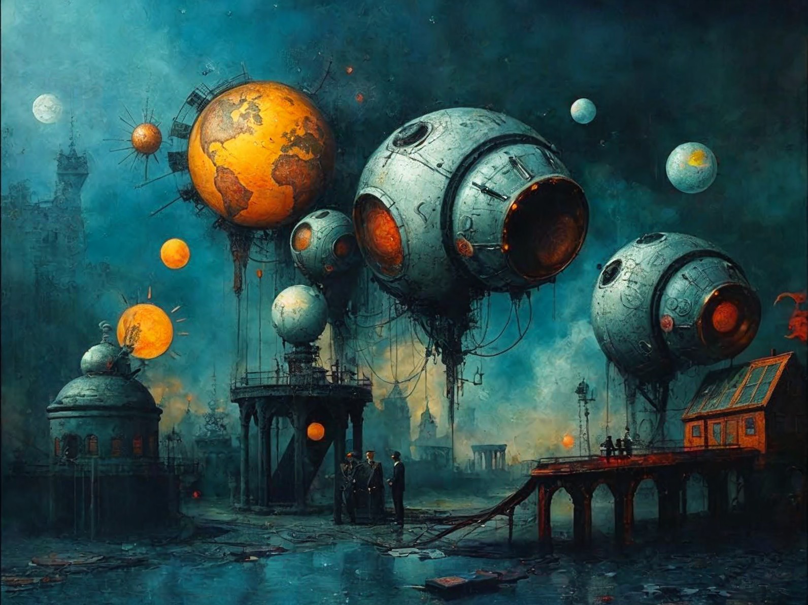 Surreal Landscape with Floating Spheres and Dark Atmosphere