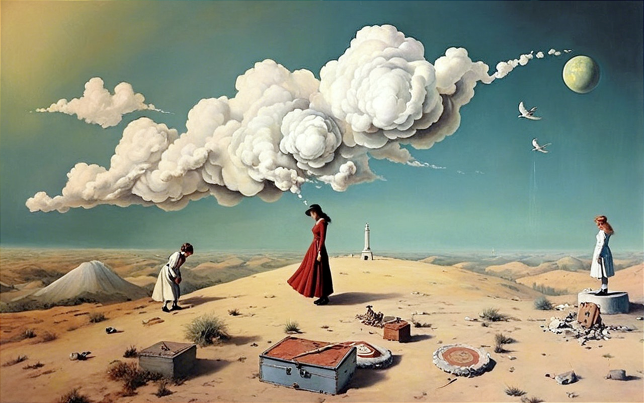 Surreal Desert Scene with Woman and Children Exploring
