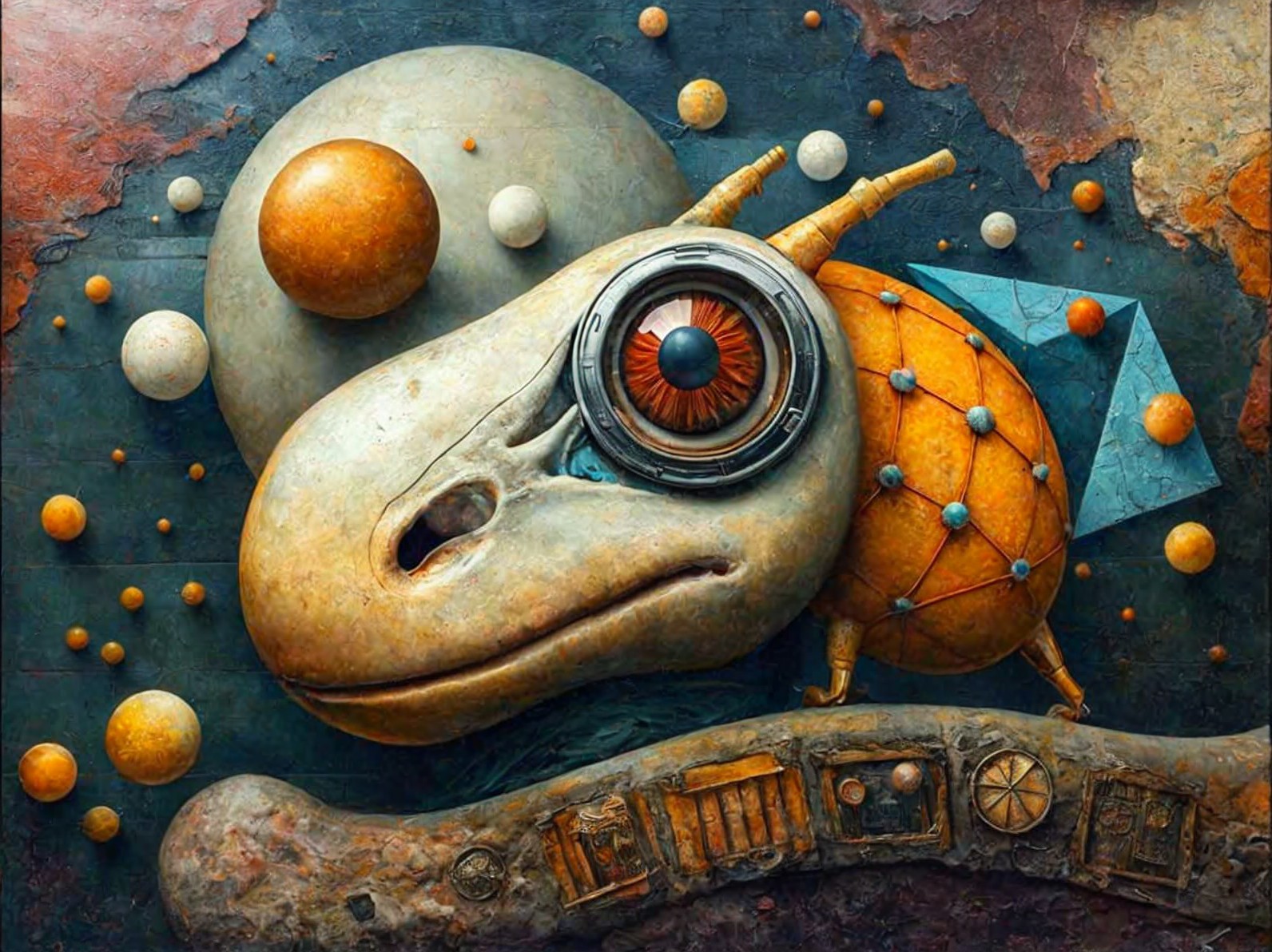 Surreal Snail Creature with Geometric Shell and Spheres