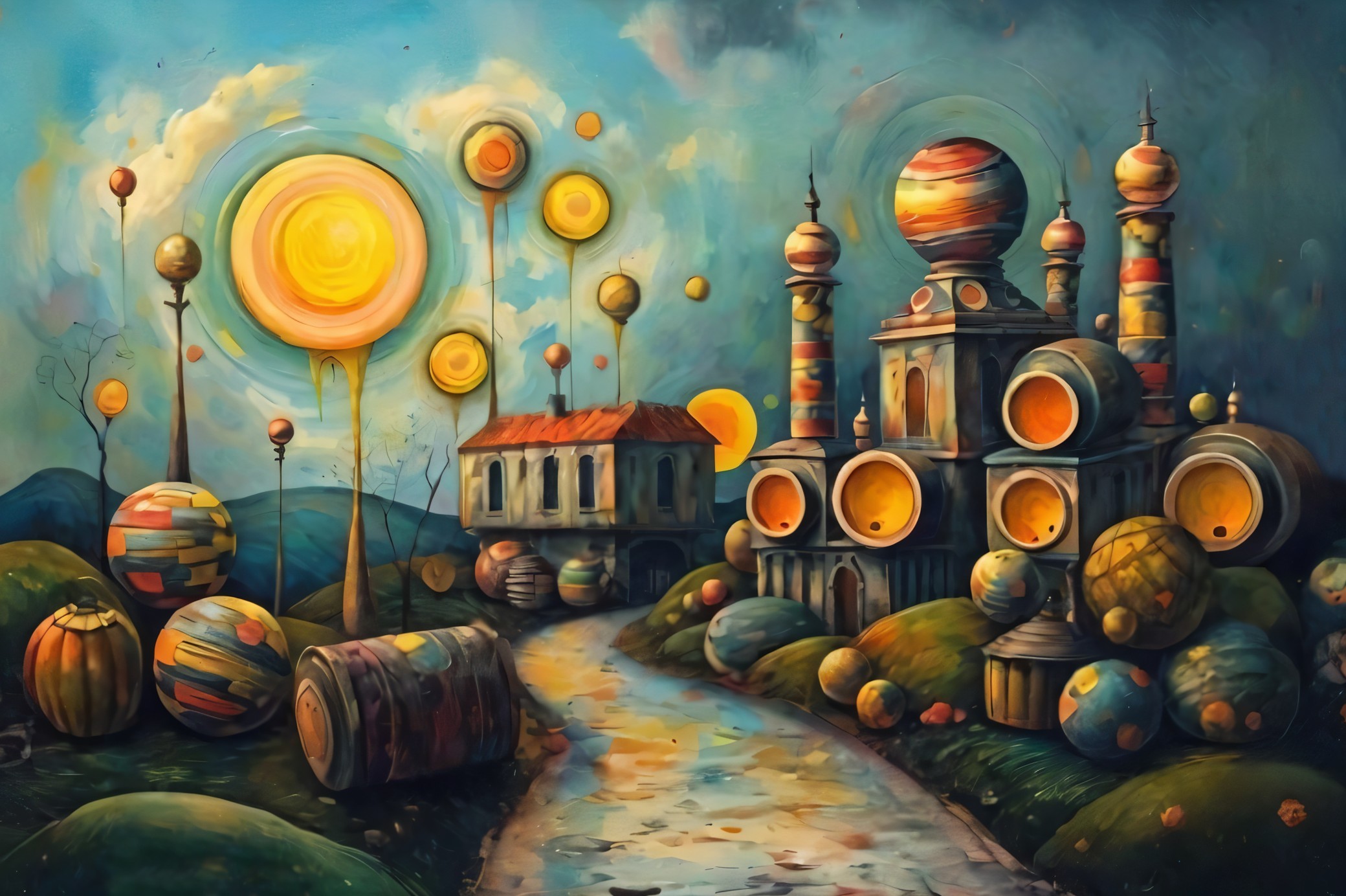 Whimsical Landscape with Surreal Architecture and Suns