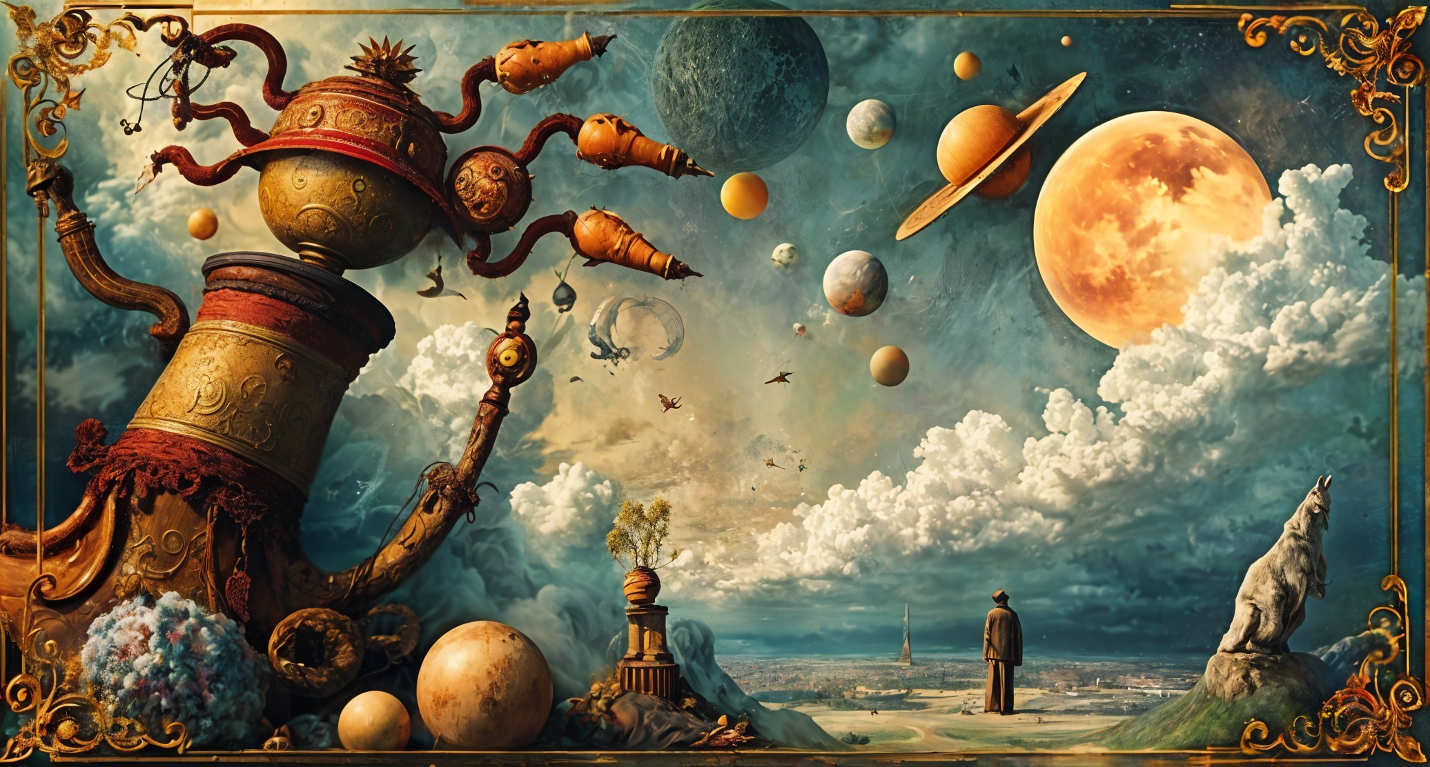 Surreal Landscape with Ornate Teapot and Celestial Bodies