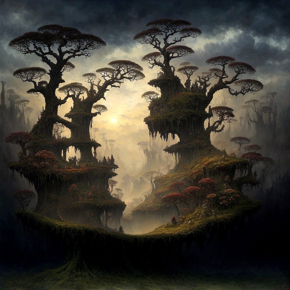 Mystical Landscape with Twisted Trees and Foggy Valley