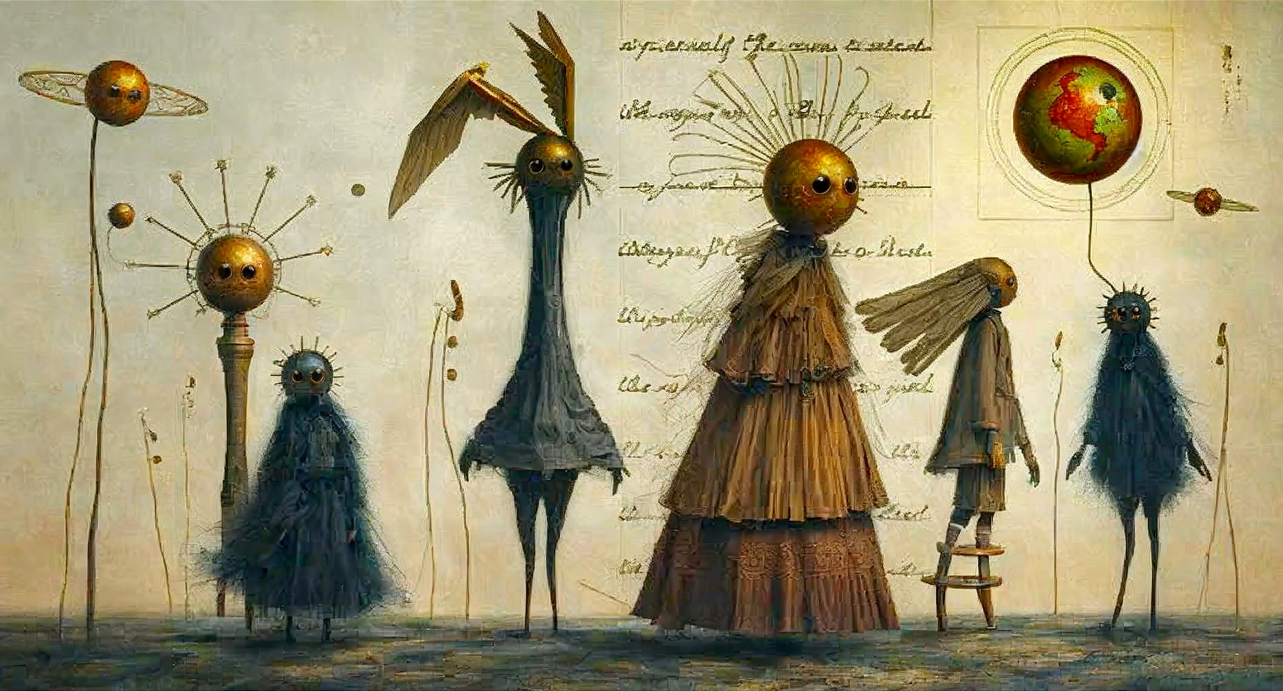 Whimsical Scene of Quirky Figures with Celestial Motifs