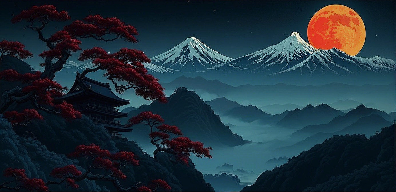 Snow-Capped Mountains and Pagoda Under Red Moon