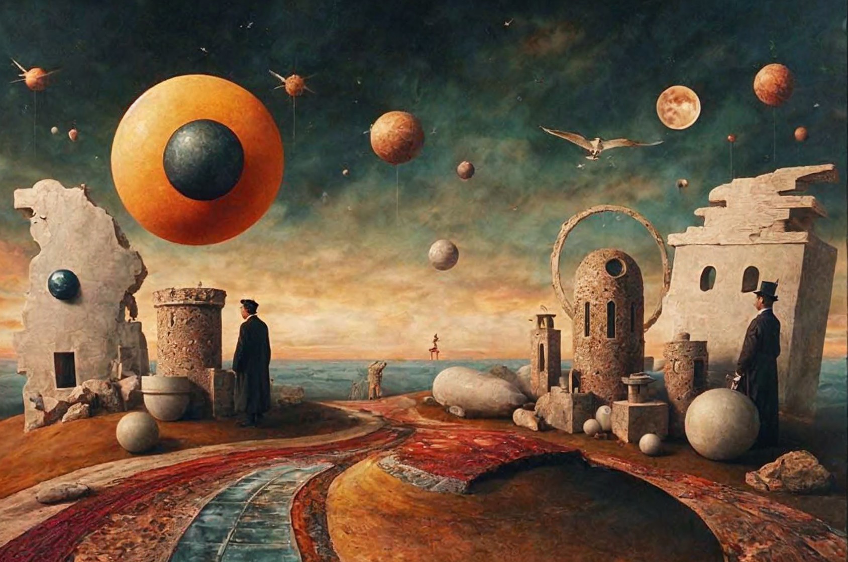 Surreal Landscape with Ancient Ruins and Celestial Bodies