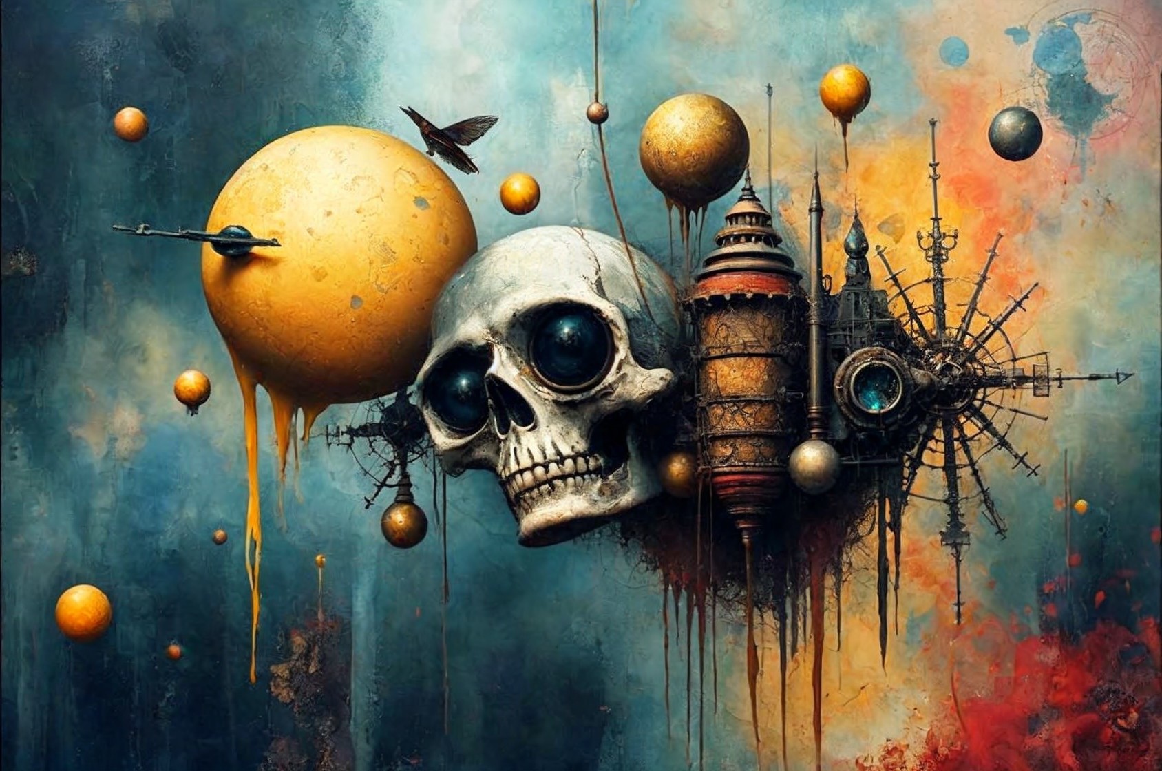 Surreal Skull Surrounded by Steampunk Elements and Planets