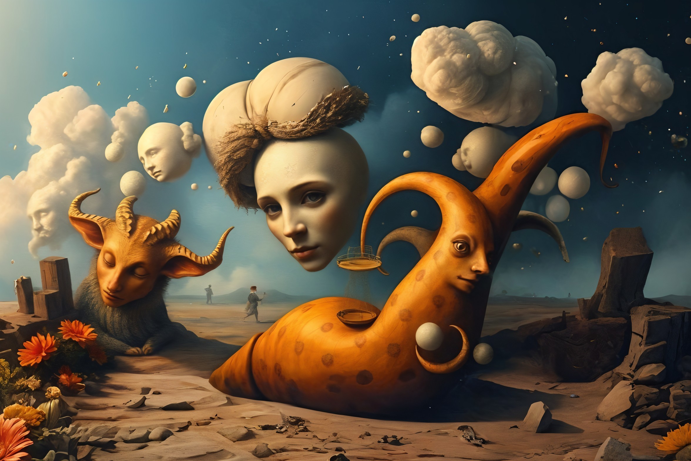Surreal Landscape with Whimsical Oversized Sculptures