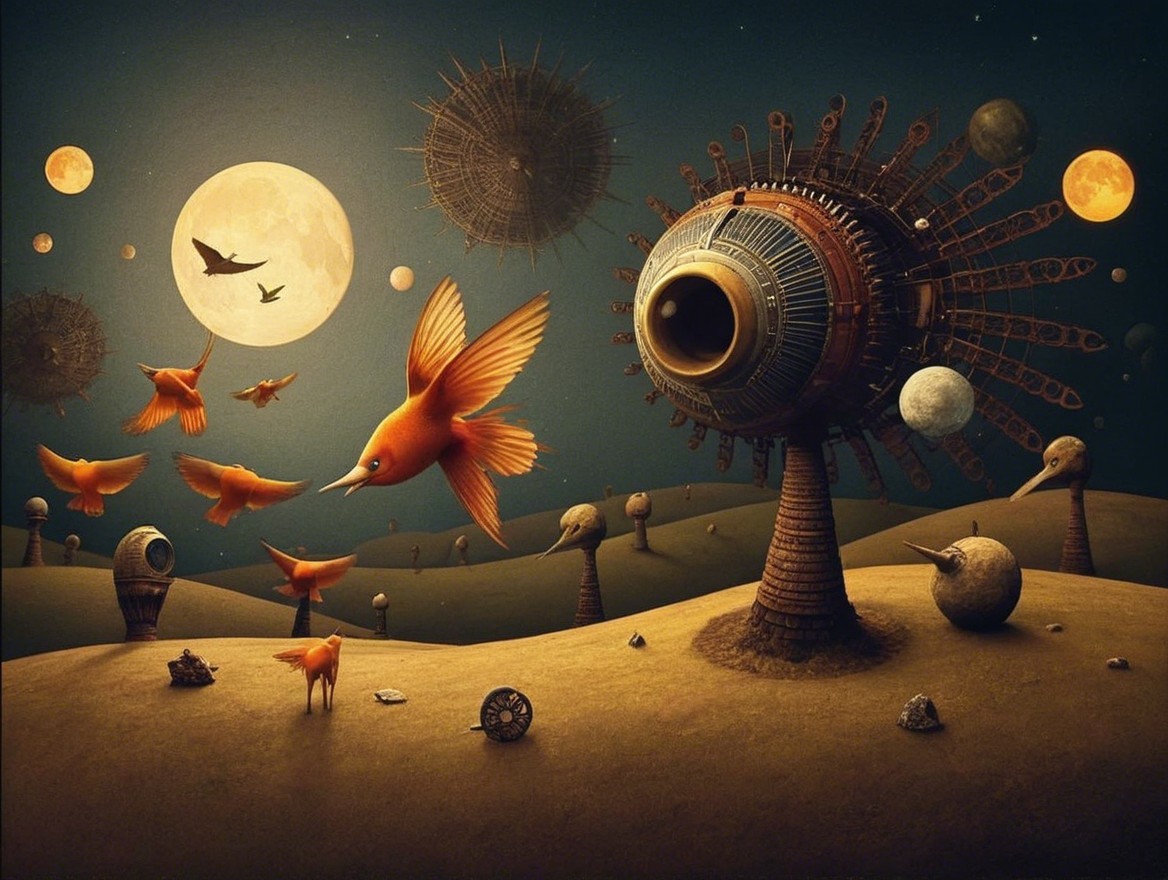 Surreal Landscape with Mechanical Structure and Birds