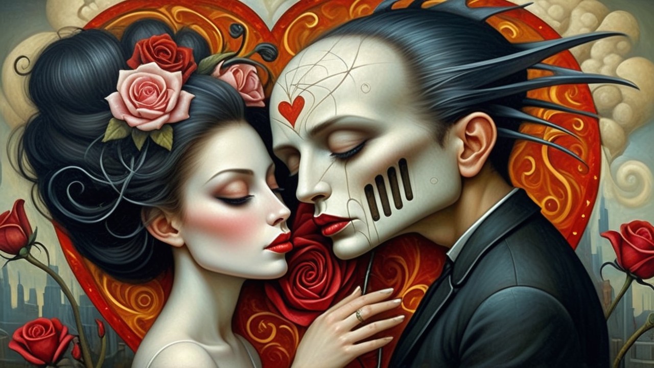 Romantic Couple Surrounded by Roses and Soft Clouds