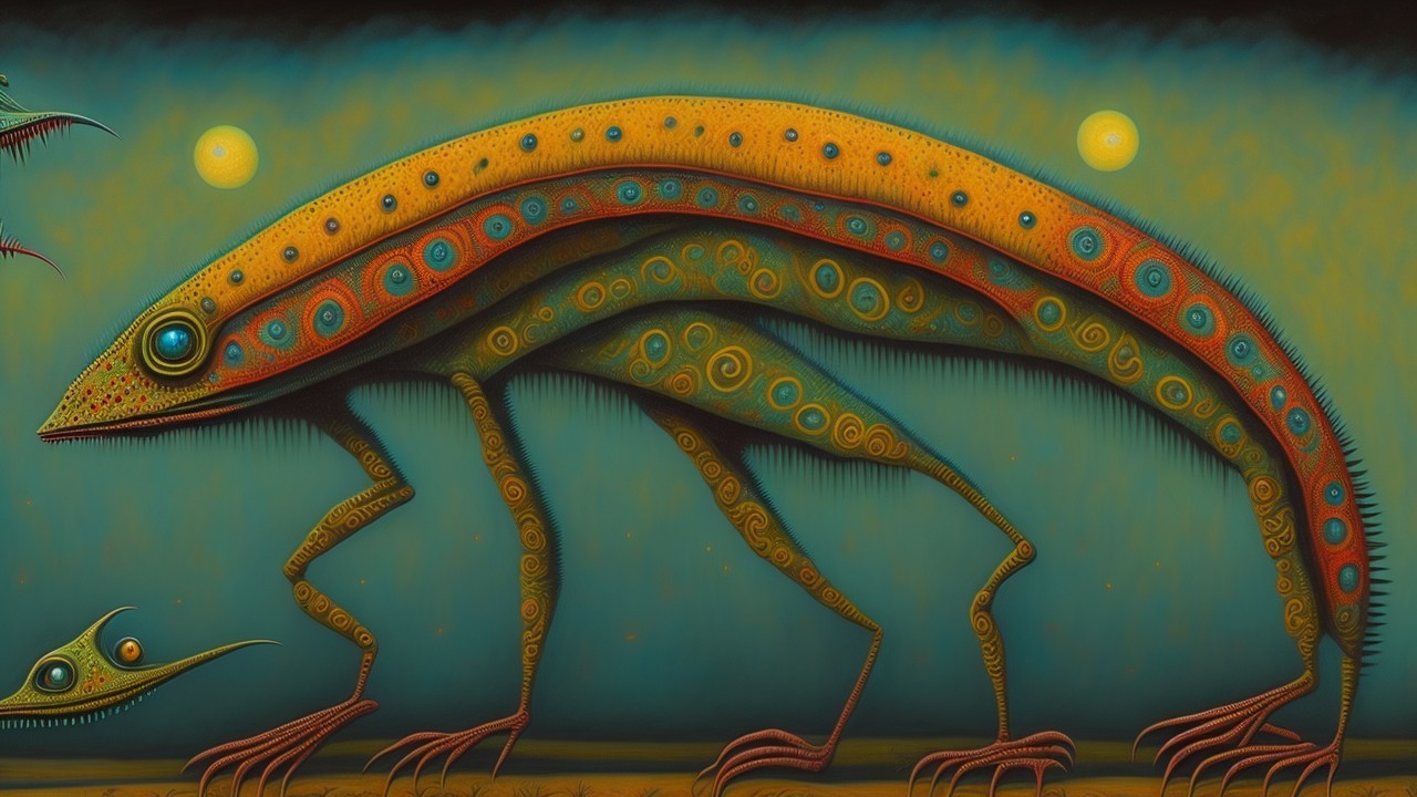 Surreal Elongated Lizard with Vibrant Patterns