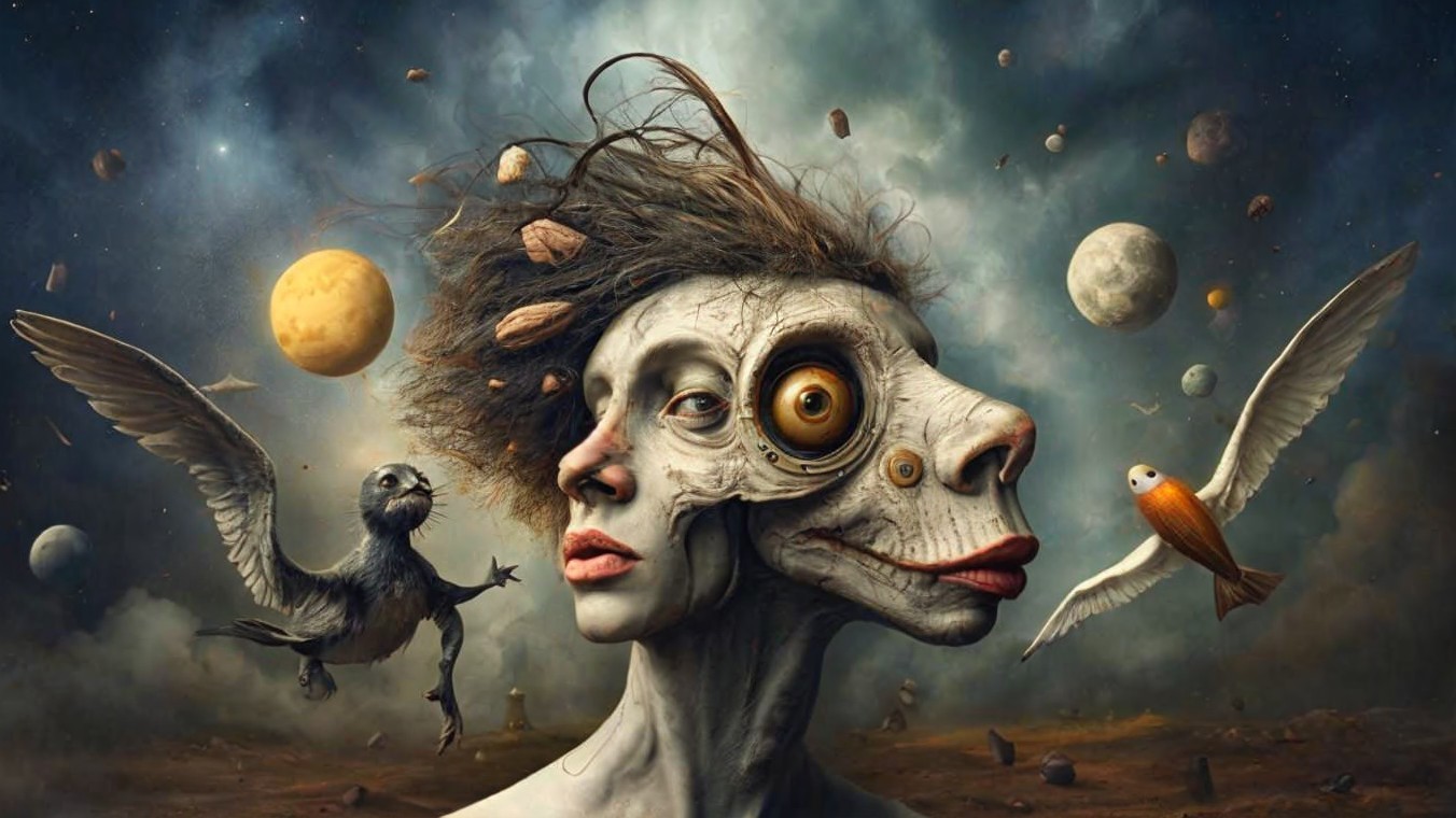 Surreal Human-Animal Face with Celestial Background