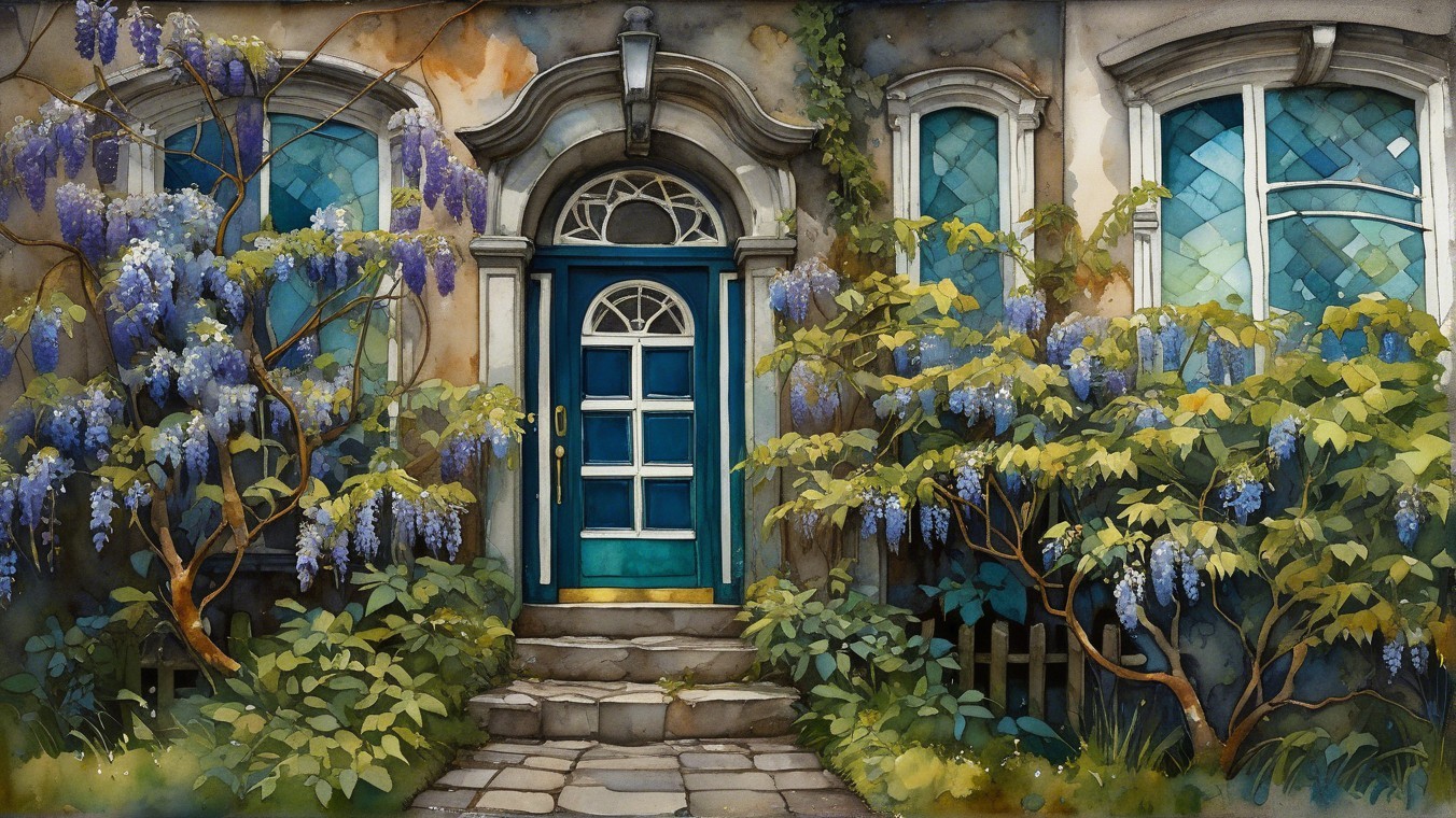 Charming Entrance with Turquoise Door and Greenery