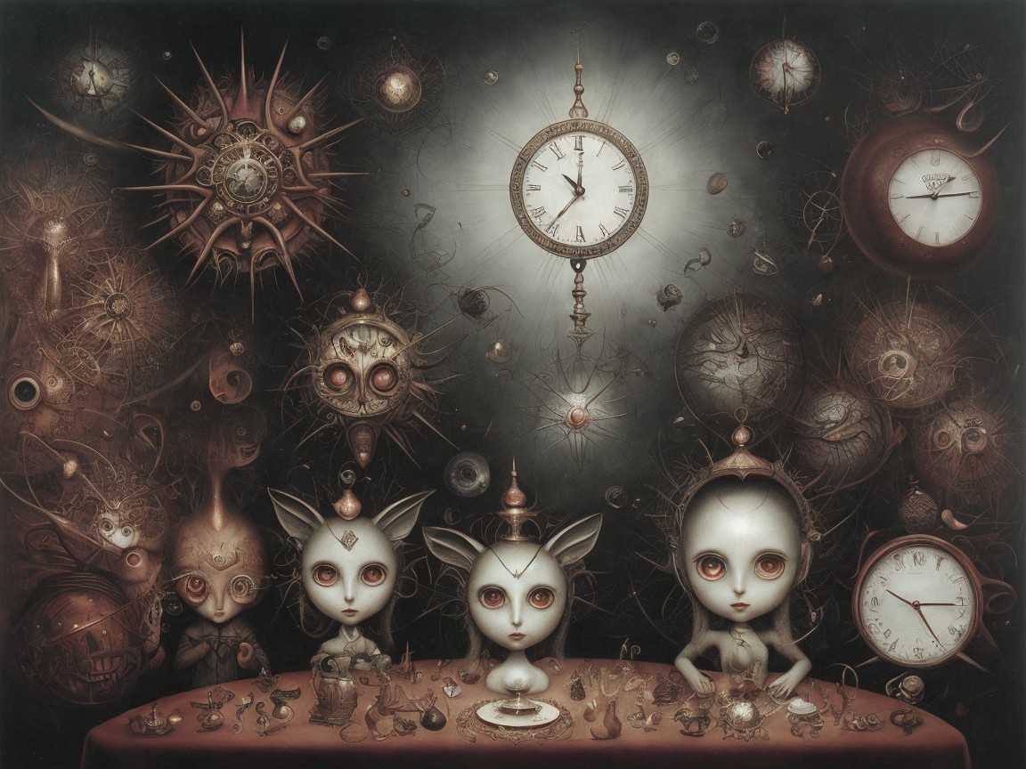 Surreal Gathering with Whimsical Characters and Clocks