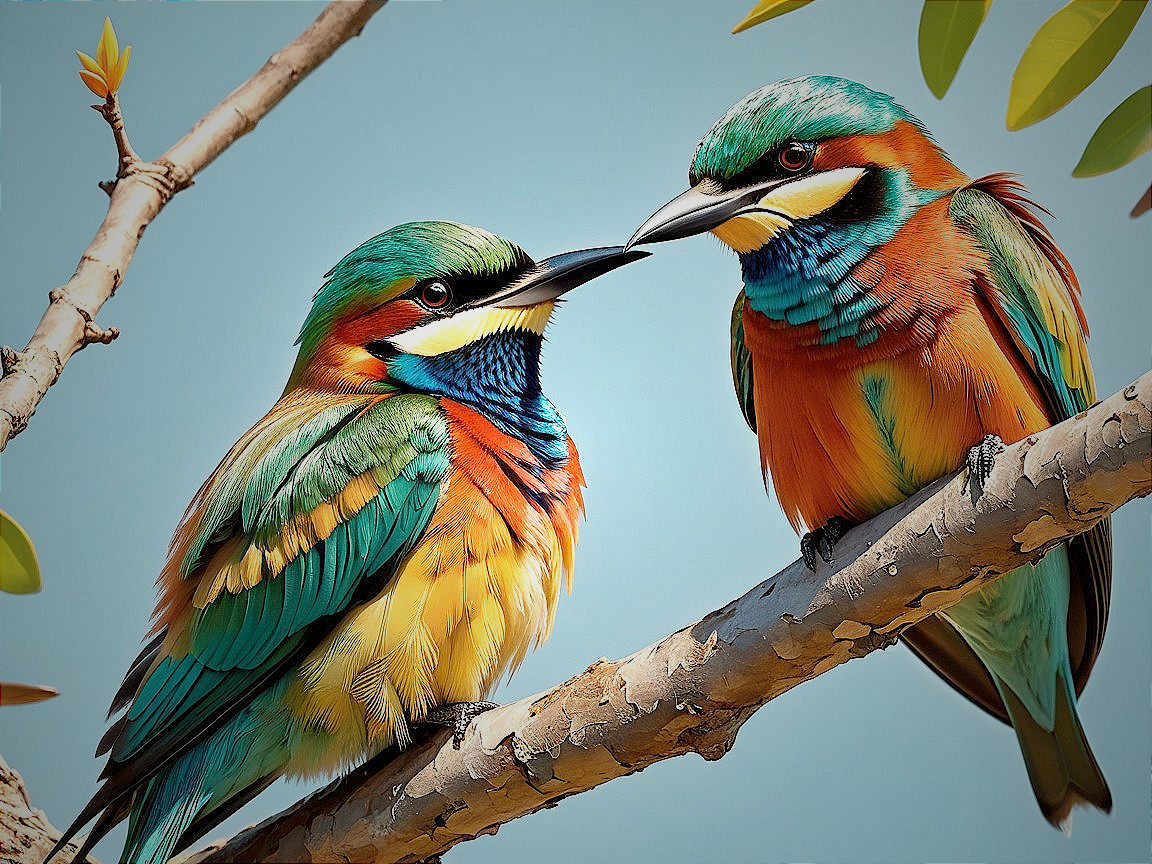 Colorful Birds on a Branch Against Blue Sky