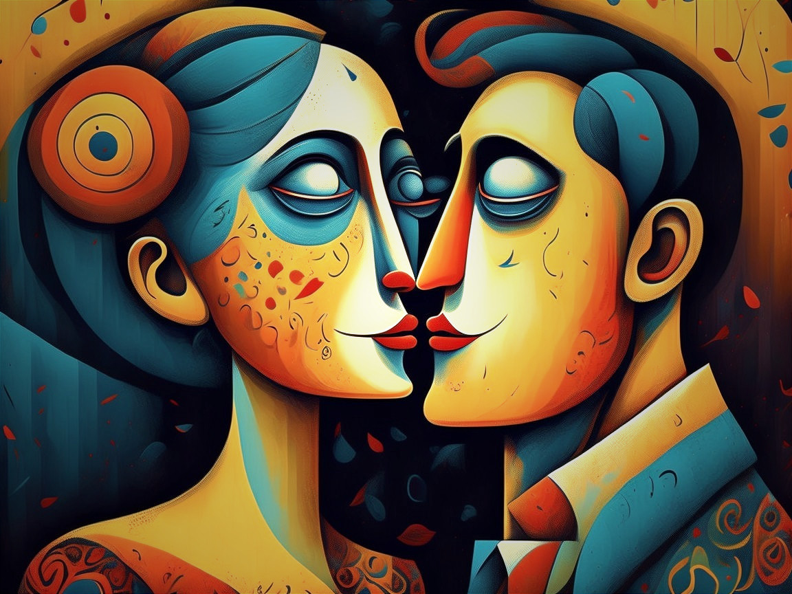 Vibrant Illustration of a Couple Kissing with Patterns