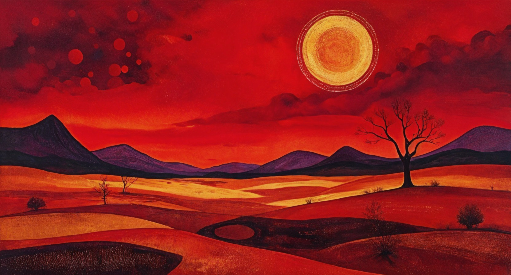 Surreal Landscape with Red Hues and Dark Mountains