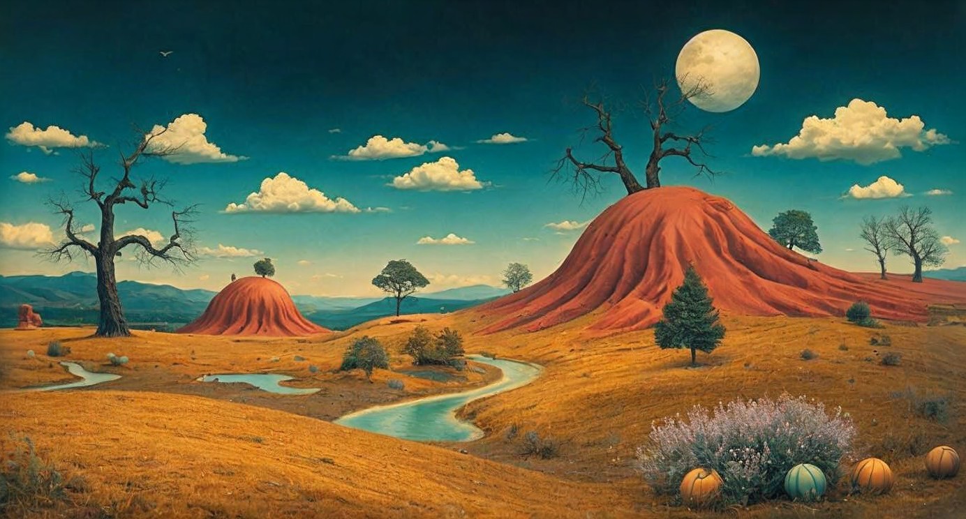 Surreal Landscape with Orange Hills and Moonlit Stream
